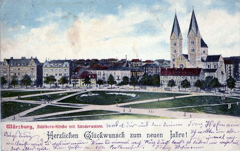 Historische Ansicht von 1896. St. Adalbero mit "Sanderwasen". Auf dem Bild sieht man noch das im Krieg zerstörte Pfarrhaus von der Kirche.