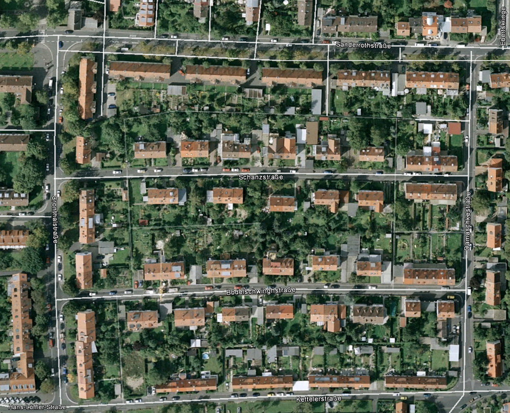 Blick auf die planmäßig angeordnete Gartenstadt Keesburg (ehemals "Hindenburg-Siedlung"). (Bild: Screenshot, Google Earth)