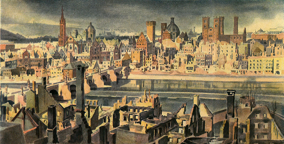 Würzburg 1945 nach einer farbigen dokumentarischen Zeichnung von Wilhelm Greiner.