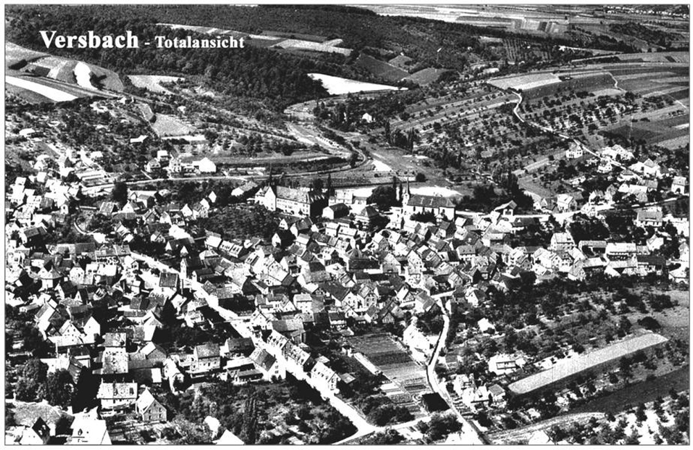 Historische Postkarte aus Versbach mit Luftbildaufnahme aus dem Jahr 1957.