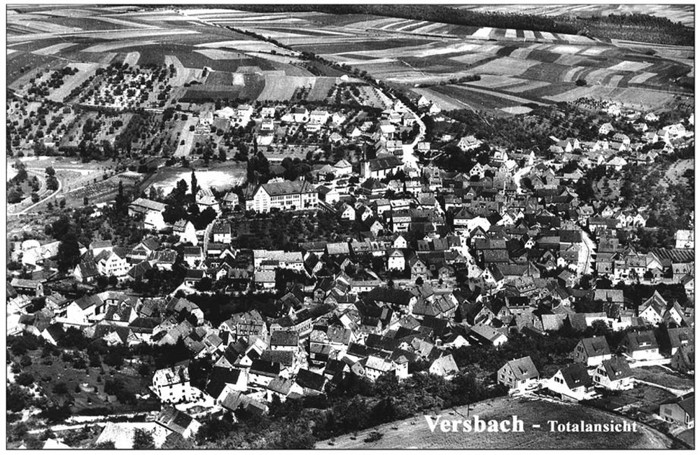 Historische Postkarte aus Versbach mit Luftbildaufnahme aus dem Jahr 1957.