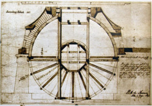 Alter Kranen im Querschnitt; Konstruktion des inneren Rades. Federzeichnung von Franz Ignaz Neumann (Quelle: Schautafel am Alten Kranen)