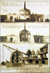 Gesamtaufriss mit Querschnitt und Längsschnitt des Kranen, der Straßenzufahrt und des Lagerhauses. Planung von Franz Ignaz Neumann, 1768. (Quelle: Schautafel am Alten Kranen)