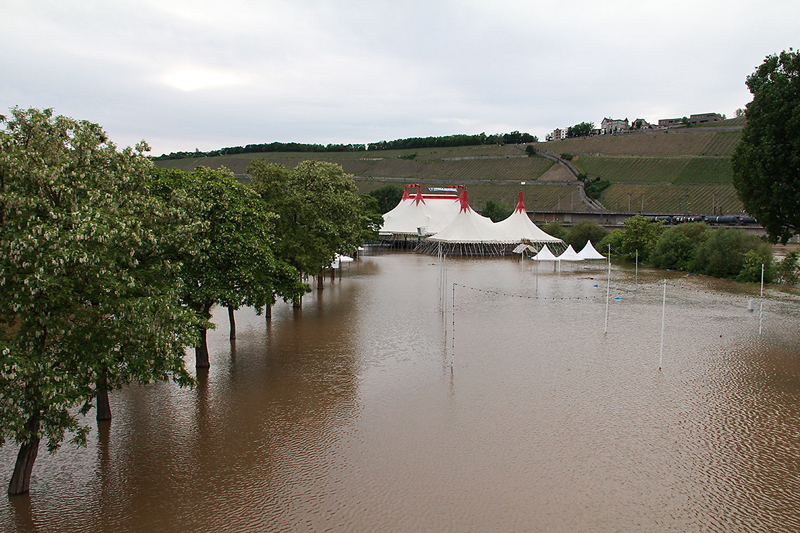 Hochwasser am 02. Juni 2013 an den Mainwiesen in Würzburg.