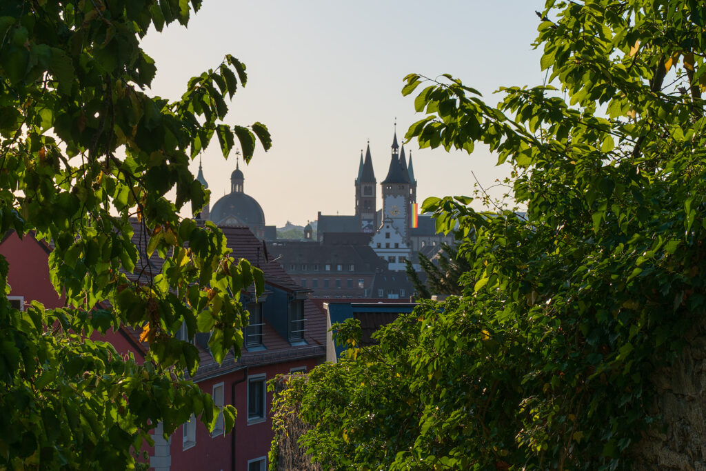 Blick über die Tellsteige auf die Türme von Würzburg.