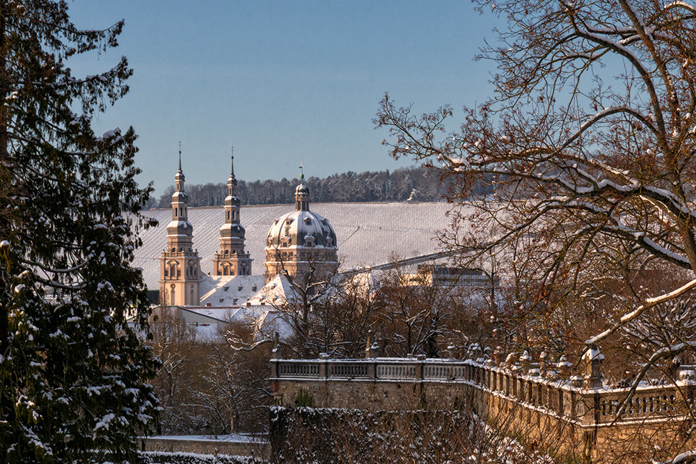 Blick zur Kirche Stift Haug mit schneebedeckten Dächern..