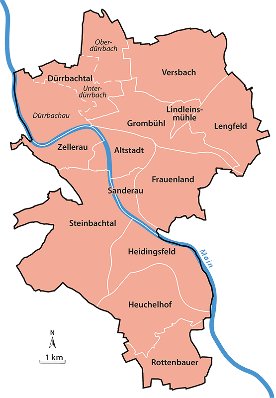 Die Würzburger Stadtteile (Grafik: Julia Breunig / Wuerzburgwiki.de)